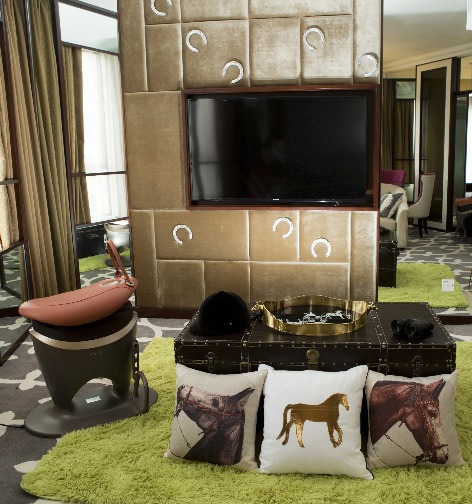 Interior of Jockey Suite at Dorsett Wanchai with horse themed decor