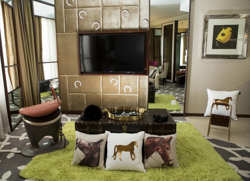 Interior of Jockey Suite at Dorsett Wanchai with horse themed decor