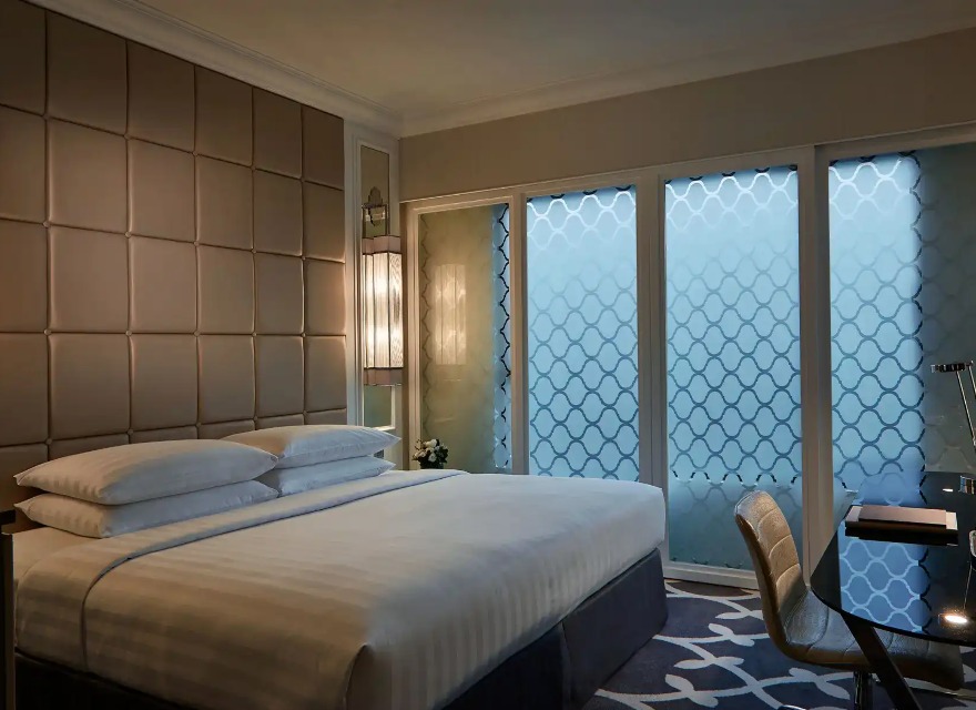 A king-size bed in the Superior Room at Dorsett Wanchai Hong Kong