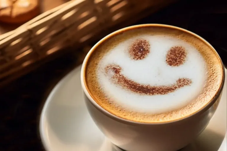 Latte art of a happy face and baked good next to it. 