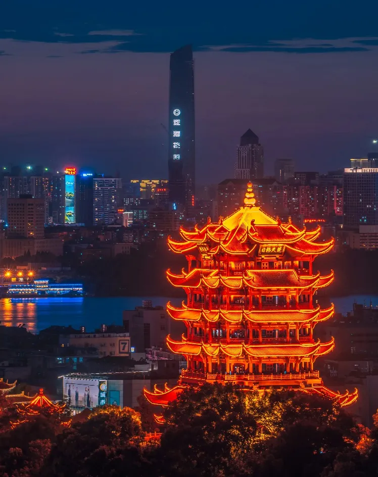 Night view of the Yellow Crane Tower in Wuhan.