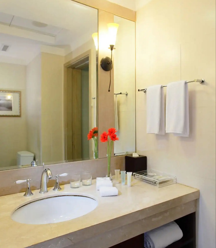 Sink, vanity and towel rack in a bathroom at Dorsett Changi.